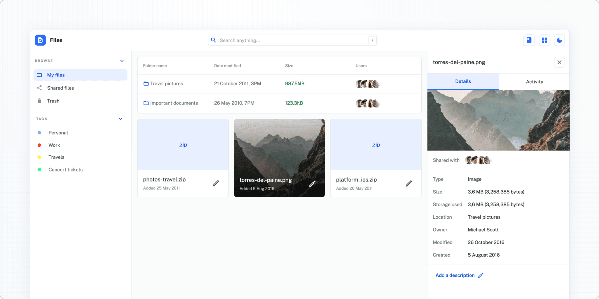 Screenshot of file management application mockup built with Joy UI